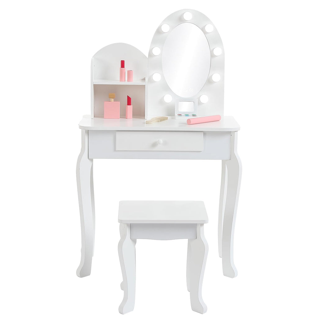 White Kids Vanity Table with LED Mirror & Stool A846807
