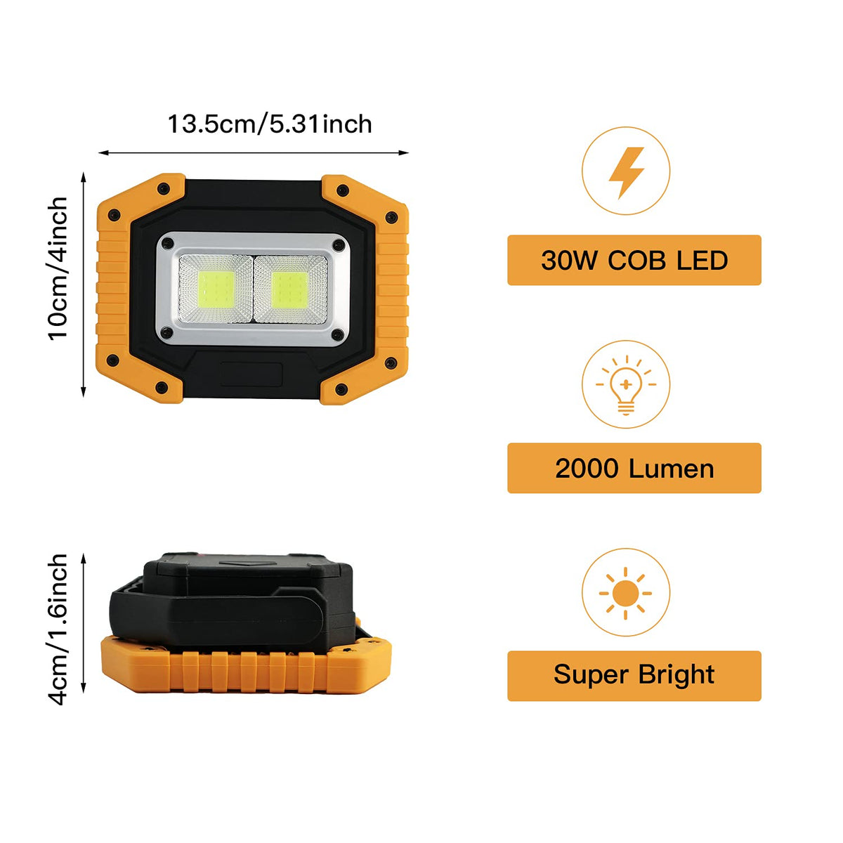 30W 2000LM Portable Waterproof Rechargeable LED Work Light with Stand P2612