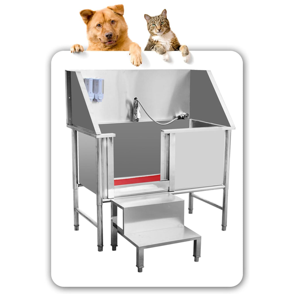 47 Inch Stainless Steel Dog Grooming Tub with Walk-in Stairs T77505