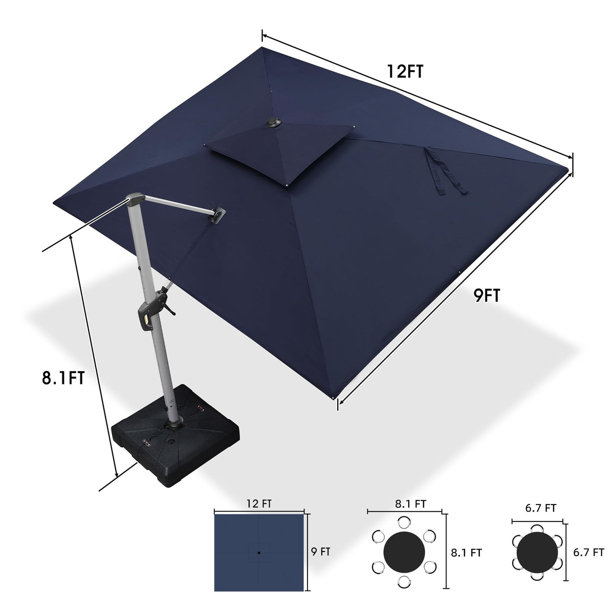 Navy Blue 9' X 12' Patio Cantilever Umbrella with Base D890