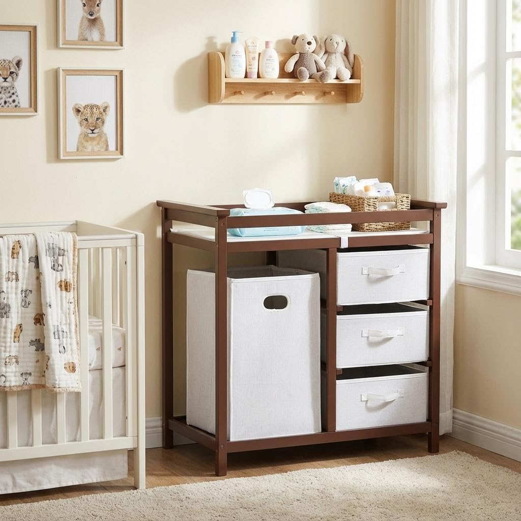 Modern Baby Changing Table with Laundry Hamper & 3 Drawers M386551