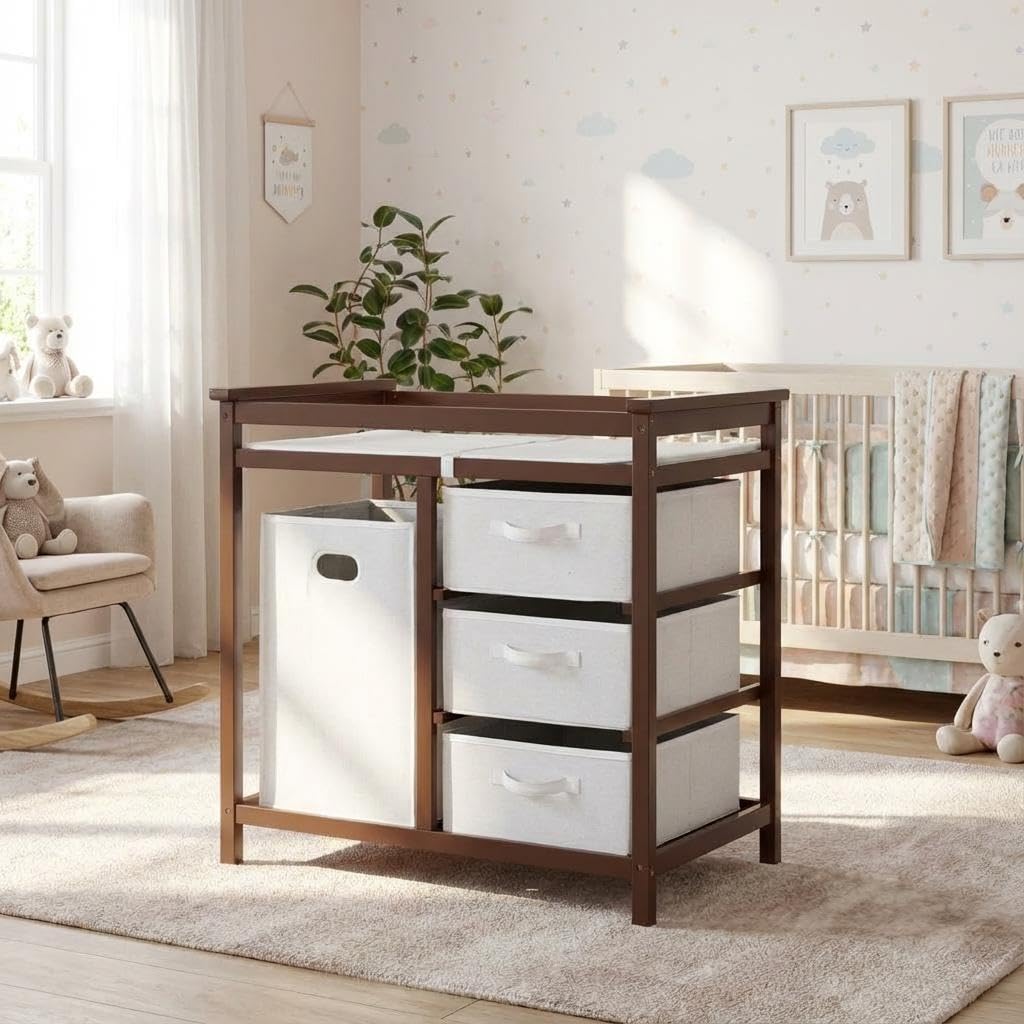 Modern Baby Changing Table with Laundry Hamper & 3 Drawers M386551