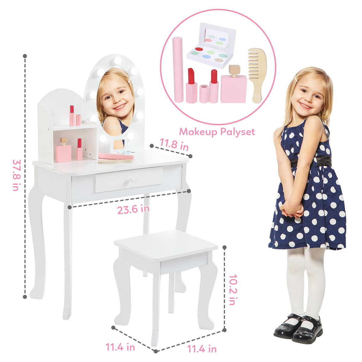 White Kids Vanity Table with LED Mirror & Stool A846807