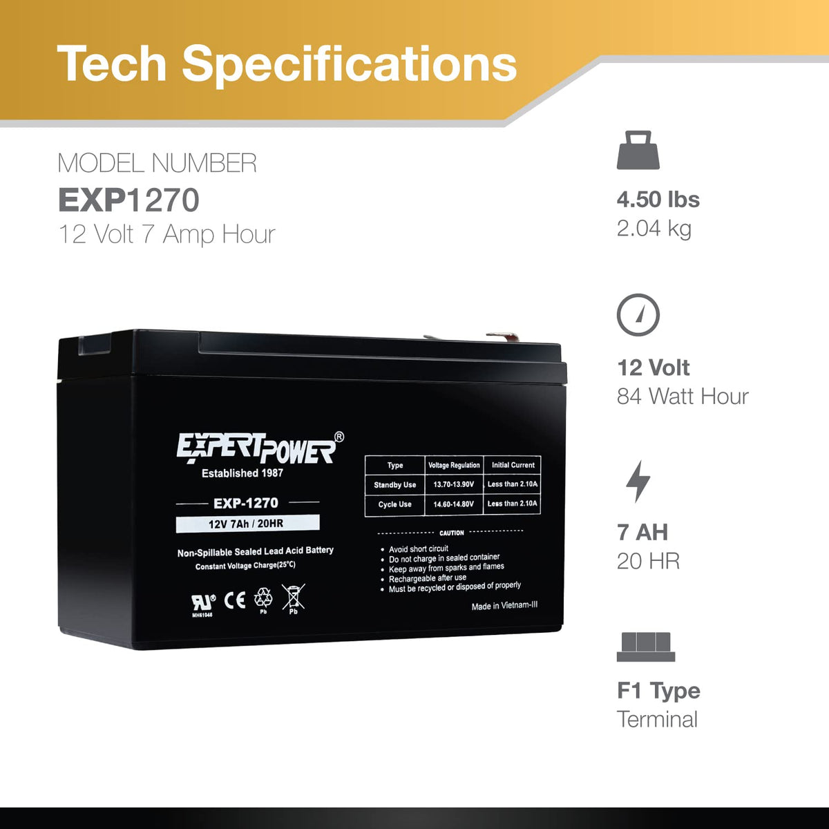 12V 7Ah Rechargeable SLA Battery with F1 Terminals H85288