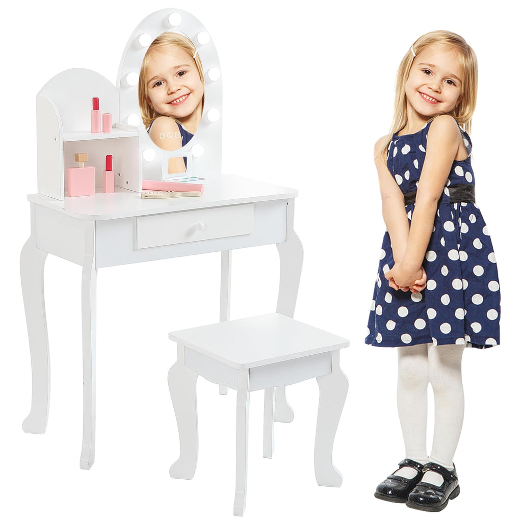 White Kids Vanity Table with LED Mirror & Stool A846807