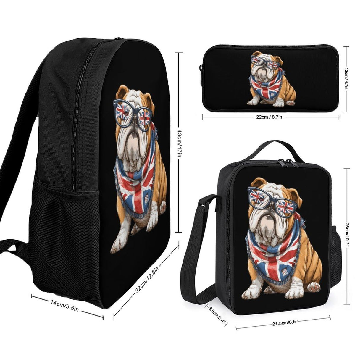 English Bulldog UK Flag Backpack with Lunch Box Pencil Case V2547