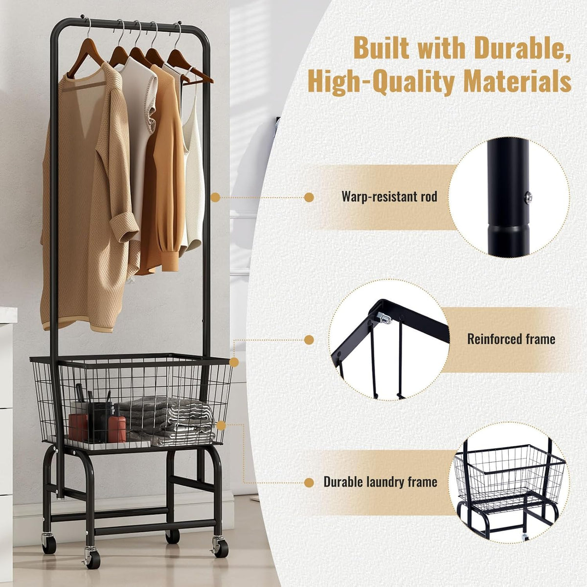 Black Rolling Laundry Cart with Hanging Rack K570642