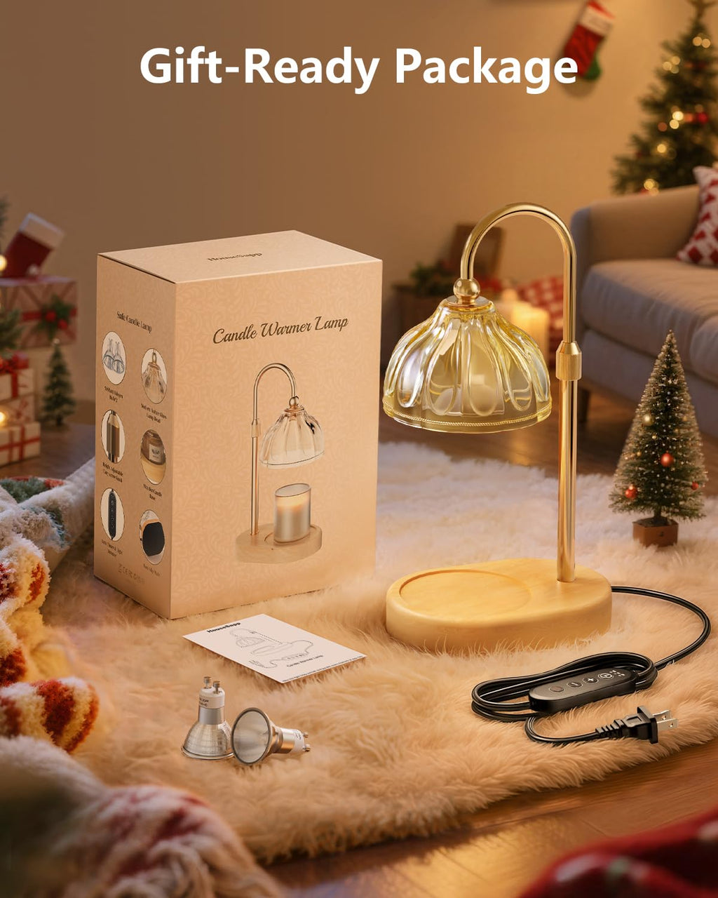 Candle Warmer Lamp with Timer Dimmer, Height Adjustable, Amber Lampshade, 2 Bulbs K6739