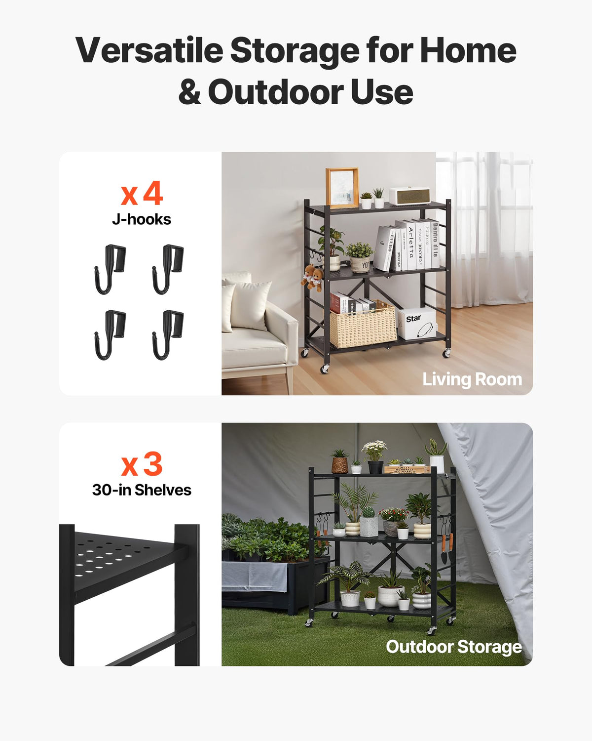 3-Tier Foldable Metal Storage Shelf with Wheels and Hooks, Black T6860