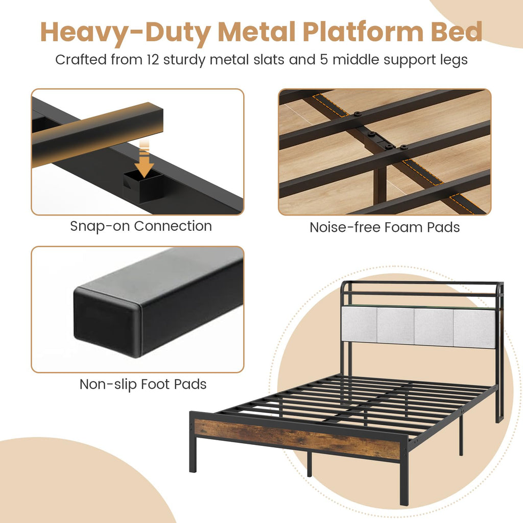 Full Size Metal Platform Bed with Storage Headboard X89721