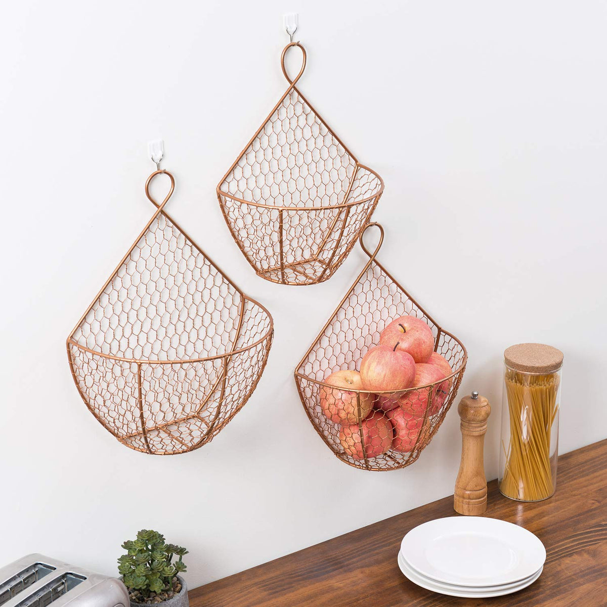 Set of 3 Copper Metal Wire Mesh Wall Hanging Baskets S373