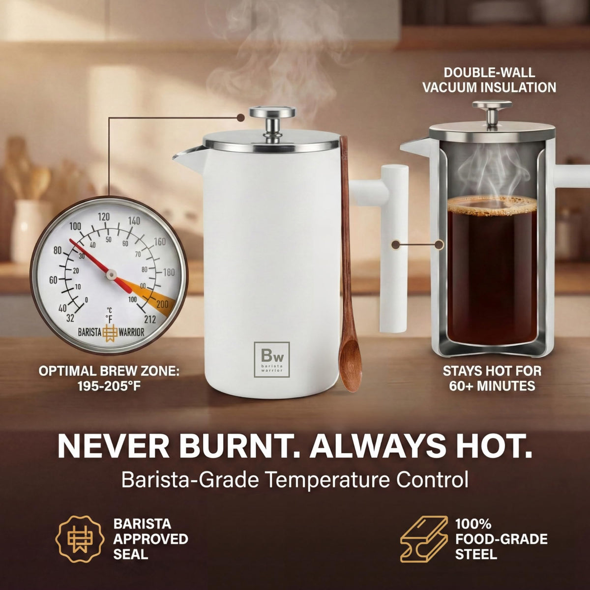 White Double-Wall Stainless Steel Insulated French Press with Thermometer M204364