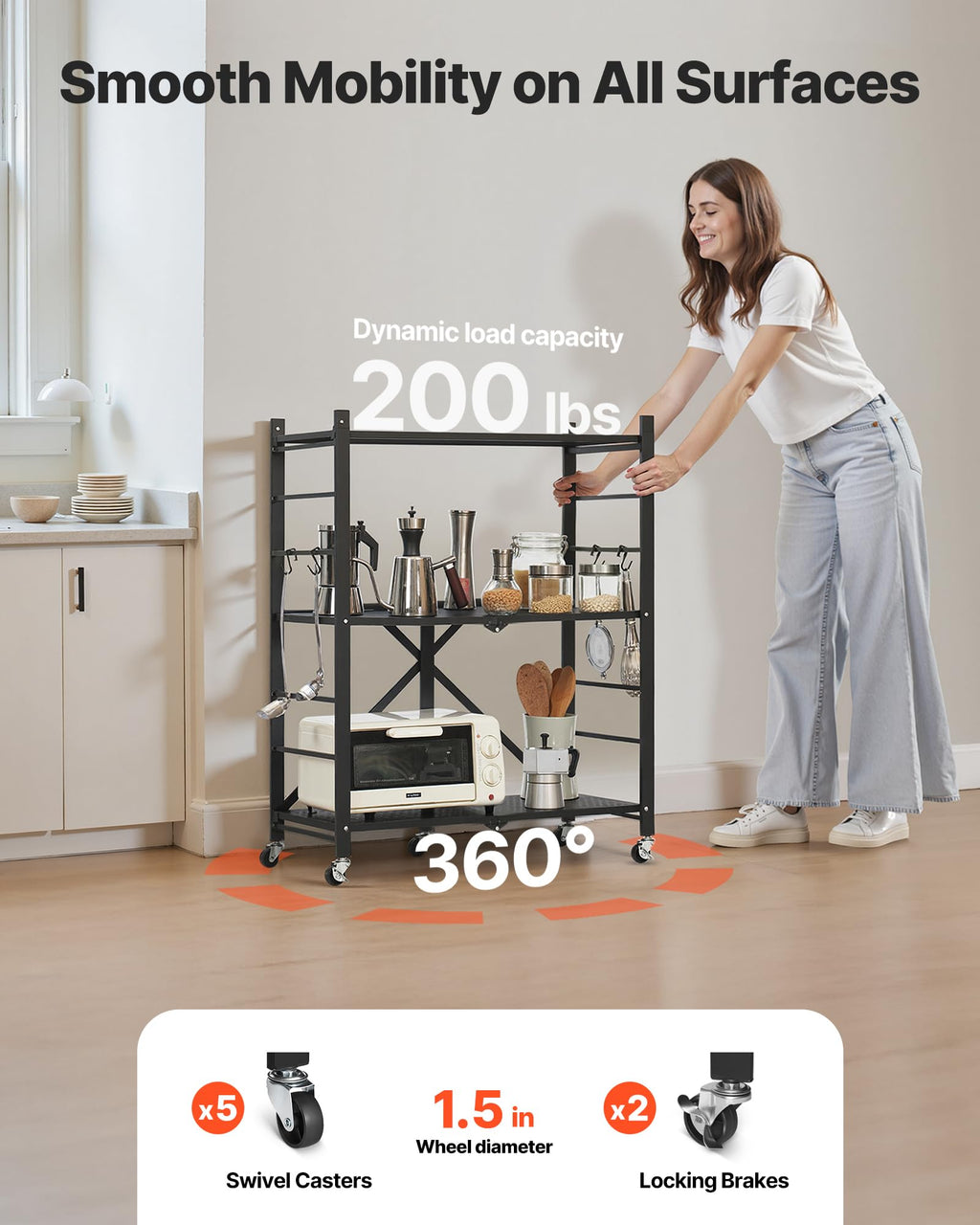 3-Tier Foldable Metal Storage Shelf with Wheels and Hooks, Black T6860