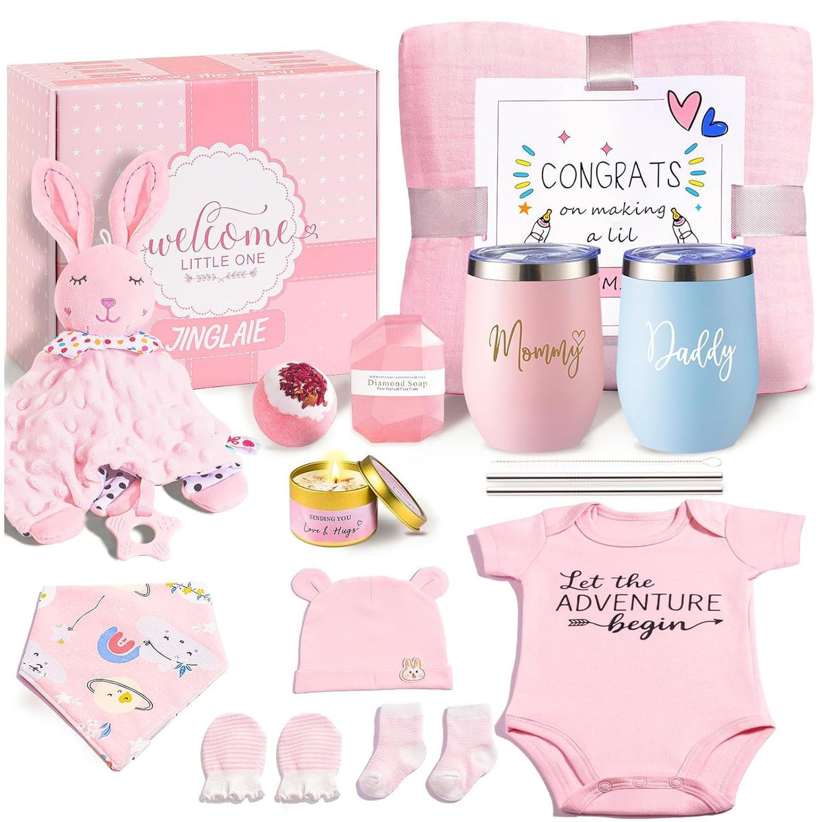 New Mom Gift Basket with Baby Clothes & Tumblers P1547