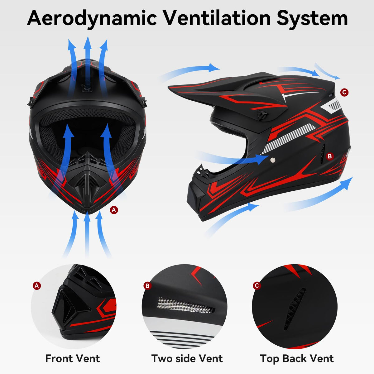 Youth Kids Full Face Motocross Helmet 4PCS Set DOT Approved Red XL I13321