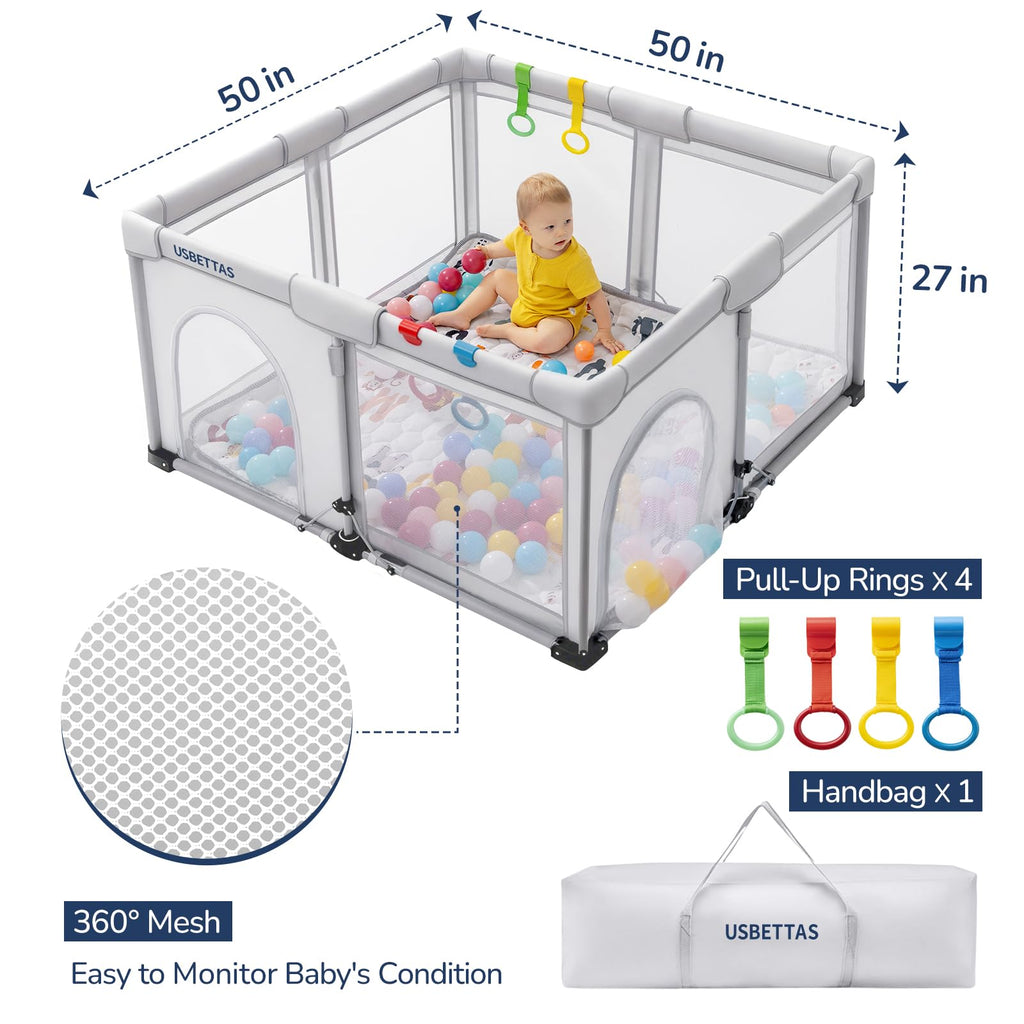 Foldable Lightweight Portable Playpen with Carry Bag, 50"x50" Light Gray D2097