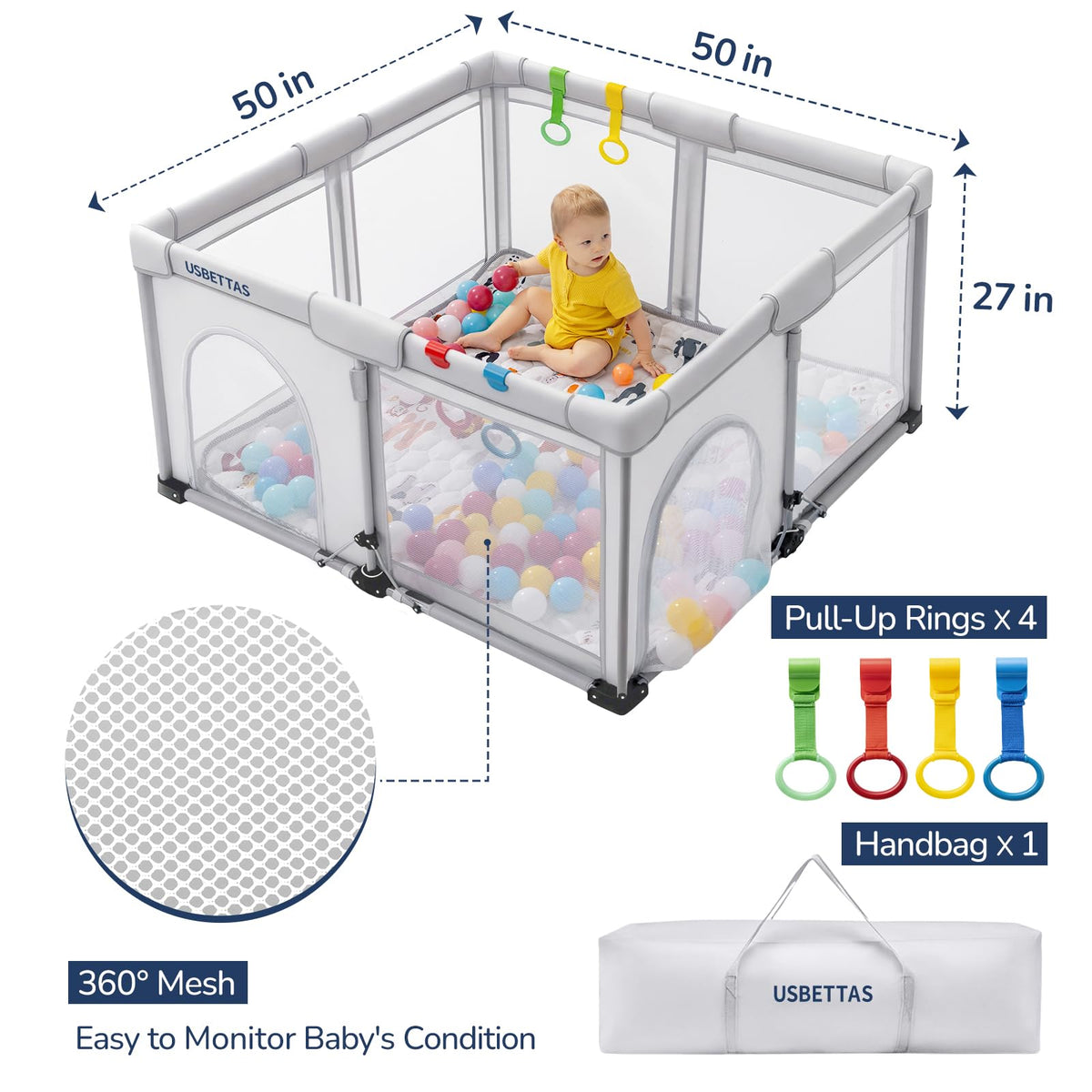 Foldable Lightweight Portable Playpen with Carry Bag, 50"x50" Light Gray D2097