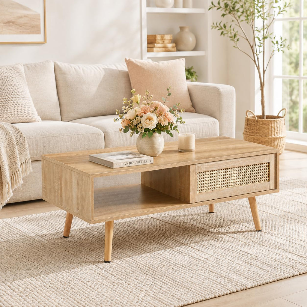 Rattan Coffee Table with Sliding Door Storage F82585