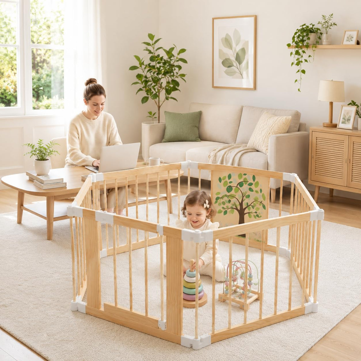Foldable Wooden Baby Playpen with Adjustable Size and Shape Y854