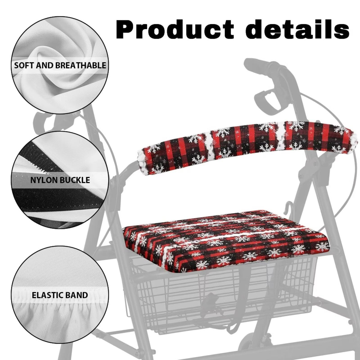 Snowflake Red Plaid Rollator Walker Seat and Backrest Cover Set G85653