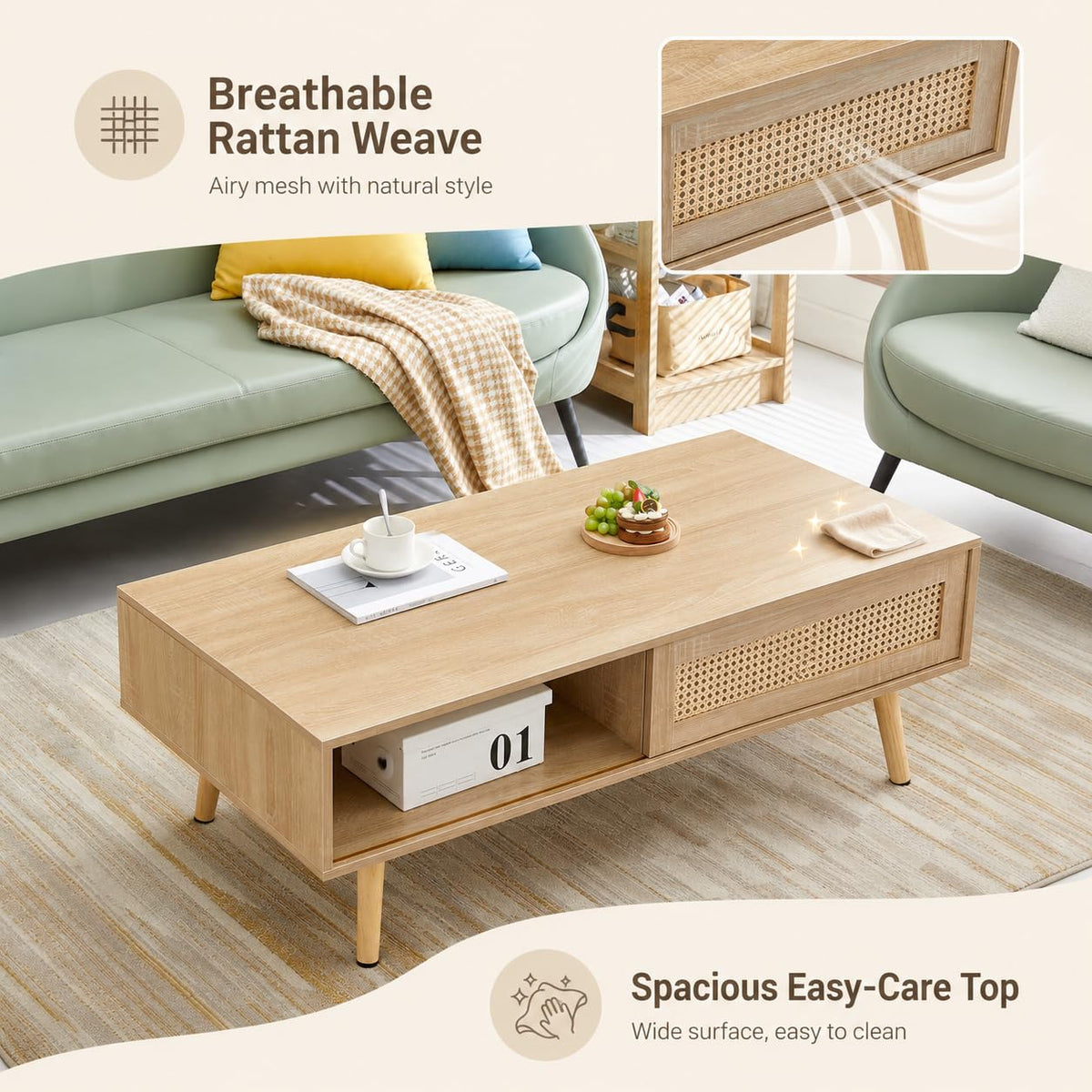 Rattan Coffee Table with Sliding Door Storage F82585