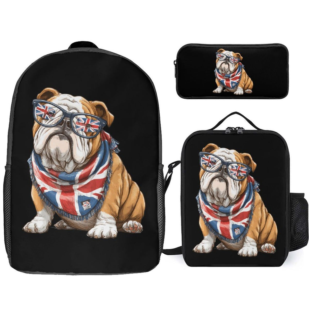 English Bulldog UK Flag Backpack with Lunch Box Pencil Case V2547