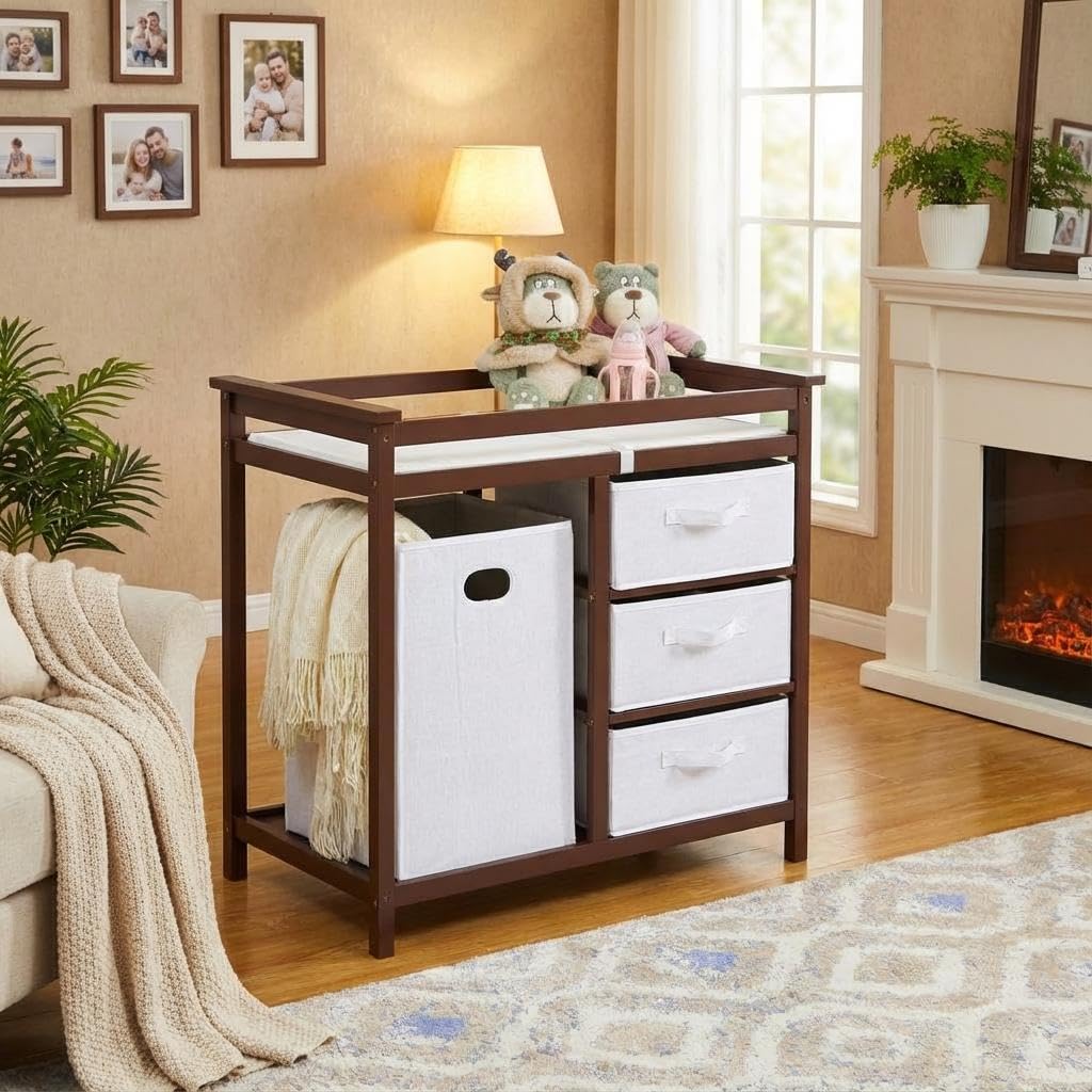 Modern Baby Changing Table with Laundry Hamper & 3 Drawers M386551