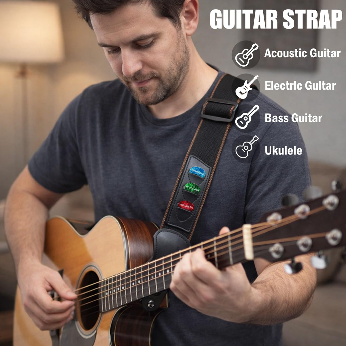 Black Adjustable Guitar Strap Kit with Locks and Picks V8696