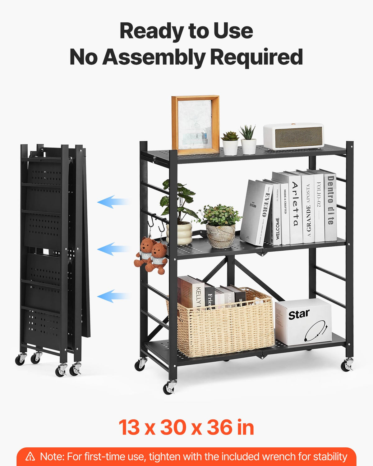 3-Tier Foldable Metal Storage Shelf with Wheels and Hooks, Black T6860