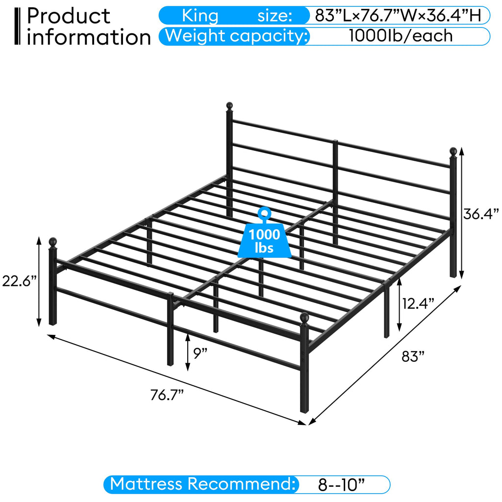 Black King Size Metal Platform Bed Frame with Headboard J39235