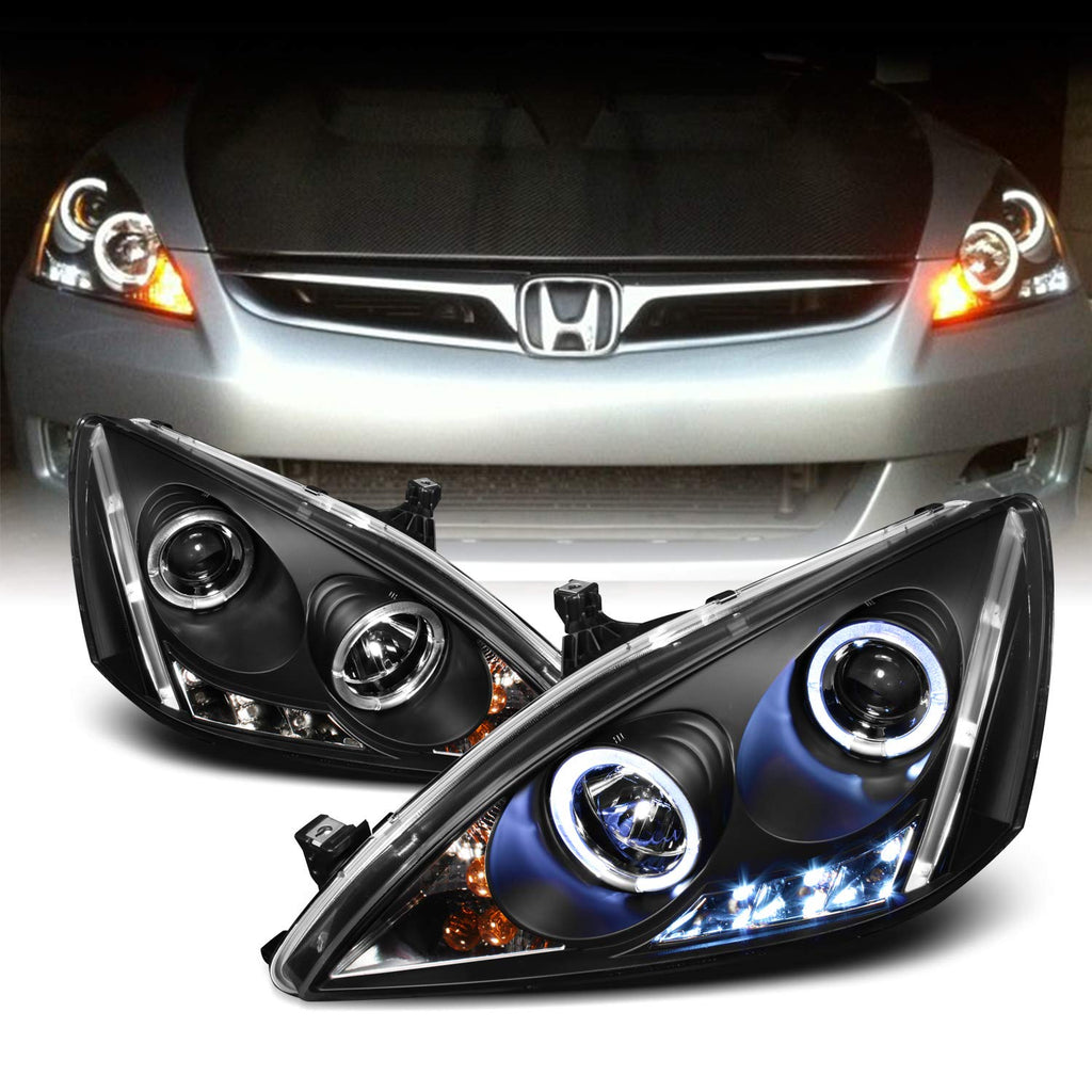 Black Bezel Dual Ring DRL LED Projector Headlights Pair Q453
