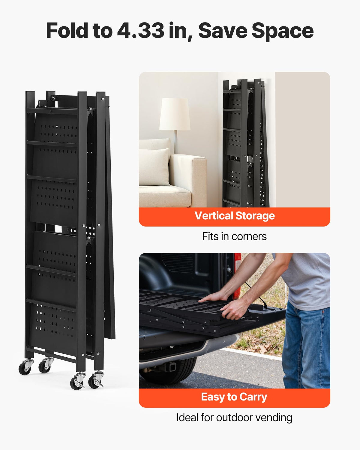 3-Tier Foldable Metal Storage Shelf with Wheels and Hooks, Black T6860