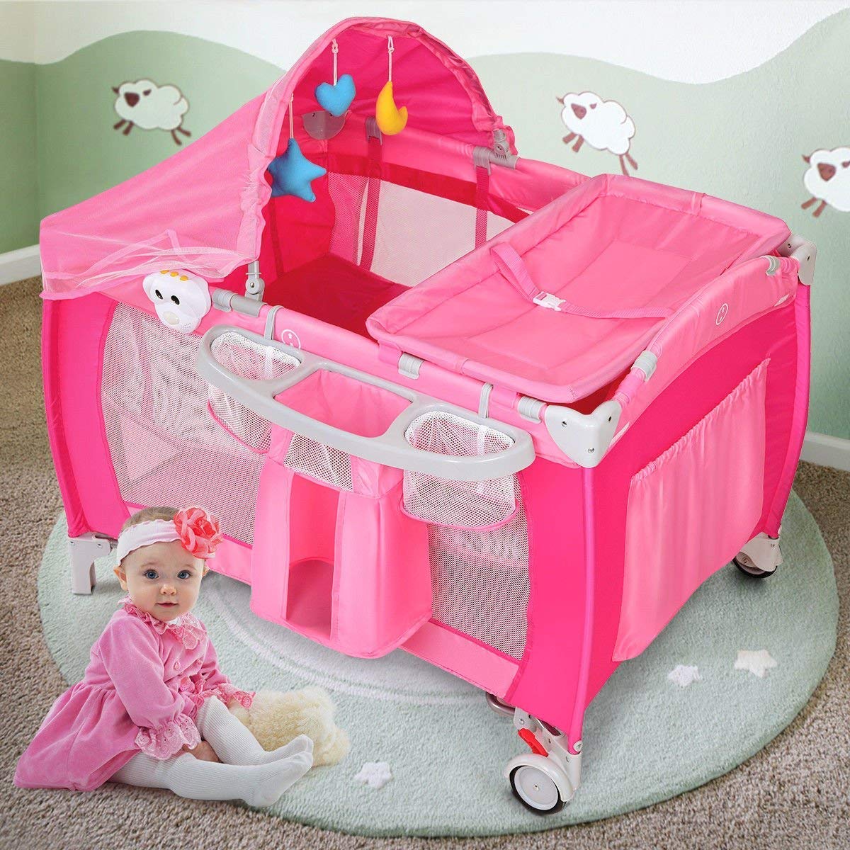 4 in 1 Pink Pack and Play with Bassinet Z509