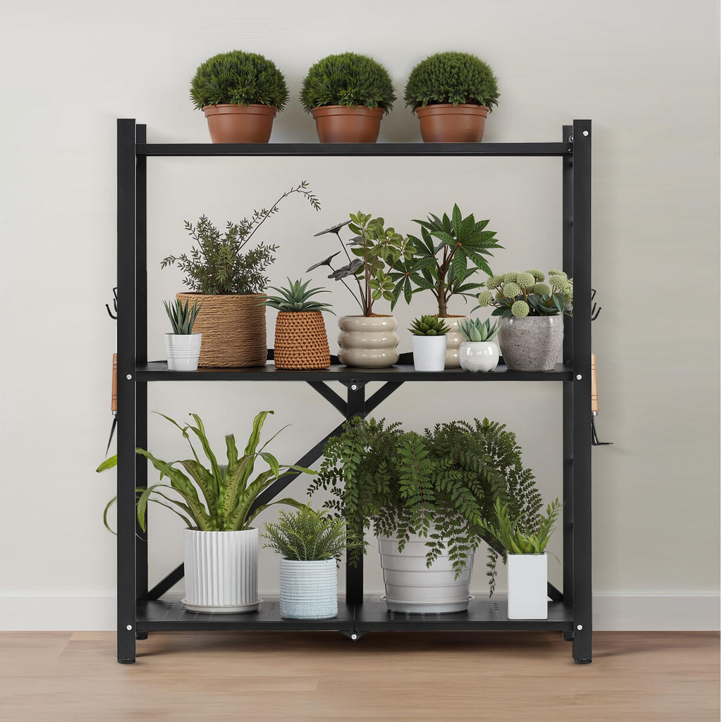 3-Tier Foldable Metal Storage Shelf with Wheels and Hooks, Black T6860