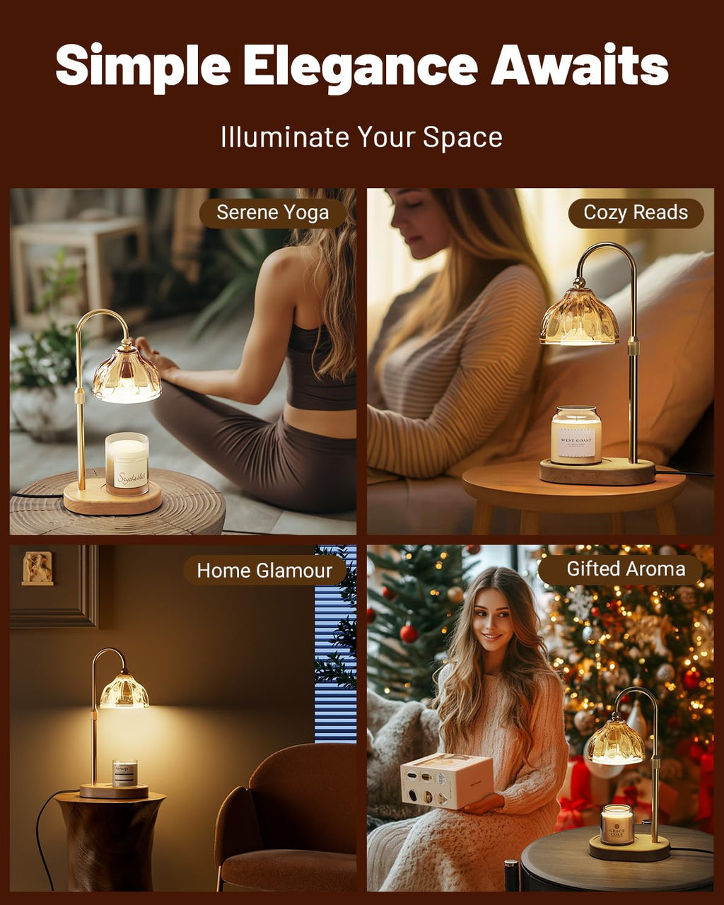 Candle Warmer Lamp with Timer Dimmer, Height Adjustable, Amber Lampshade, 2 Bulbs K6739