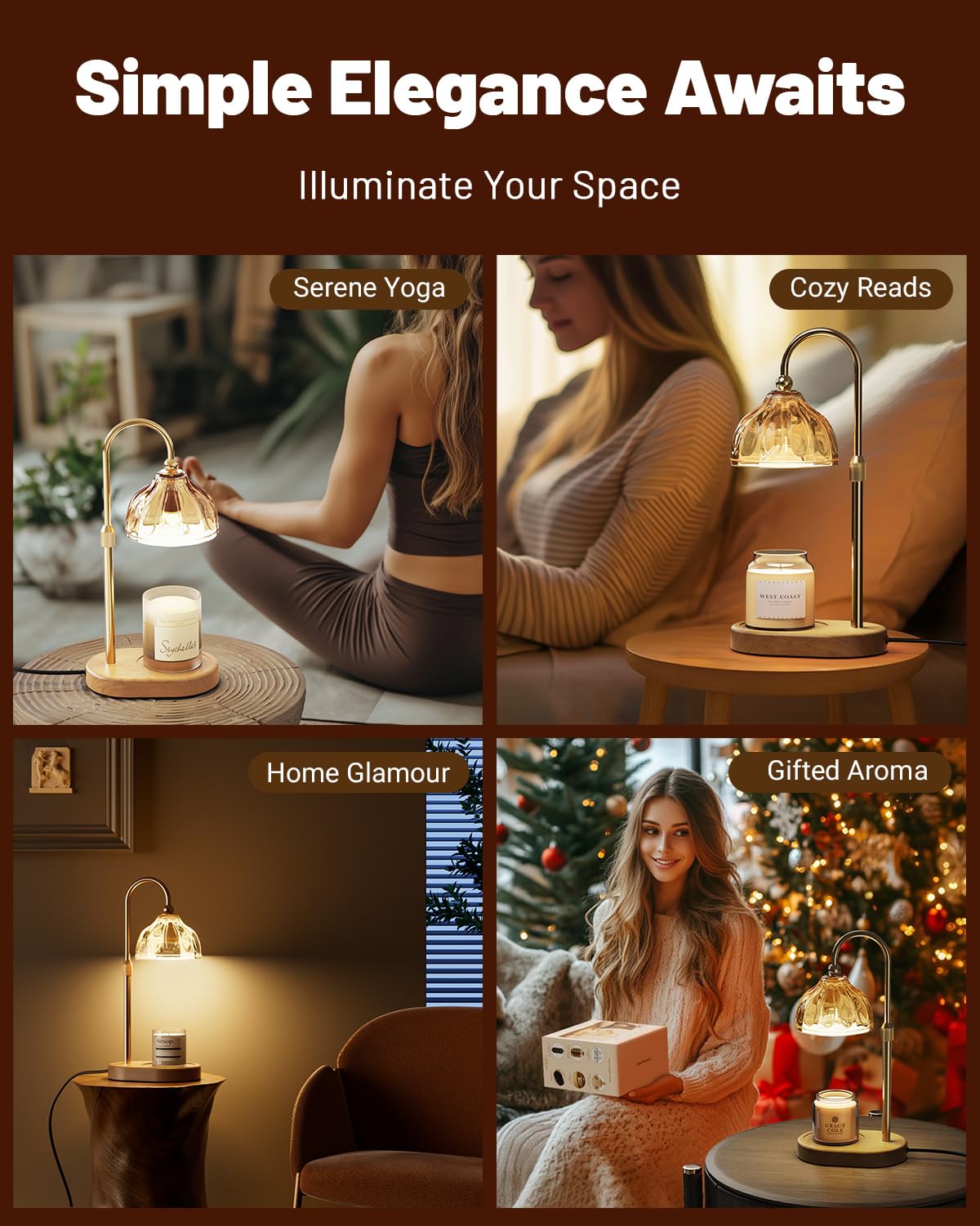 Candle Warmer Lamp with Timer Dimmer, Height Adjustable, Amber Lampshade, 2 Bulbs K6739