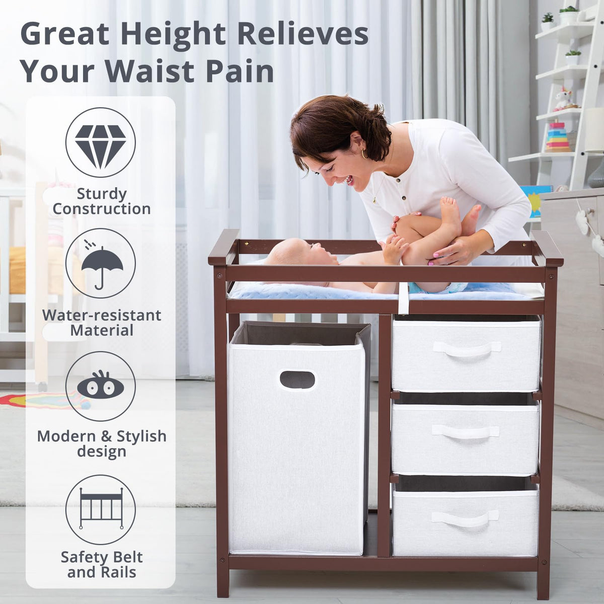 Modern Baby Changing Table with Laundry Hamper & 3 Drawers M386551