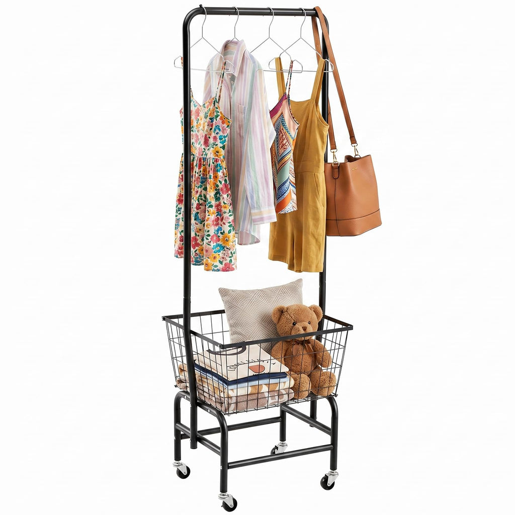 Black Rolling Laundry Cart with Hanging Rack K570642