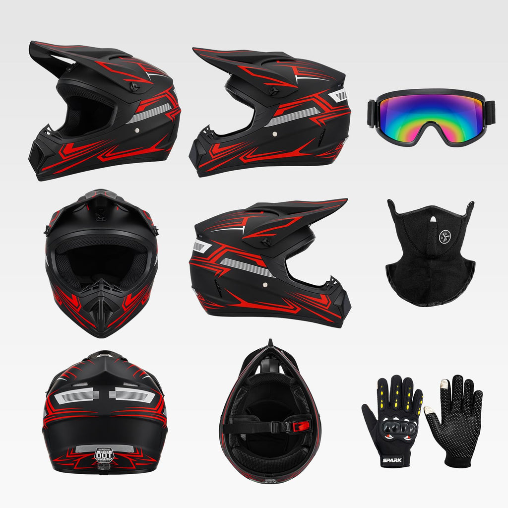 Youth Kids Full Face Motocross Helmet 4PCS Set DOT Approved Red XL I13321