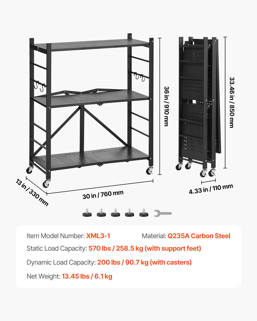 3-Tier Foldable Metal Storage Shelf with Wheels and Hooks, Black T6860