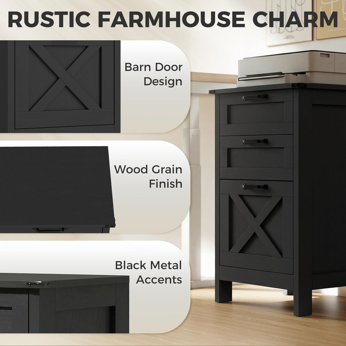 3 Drawer Black File Cabinet D81057