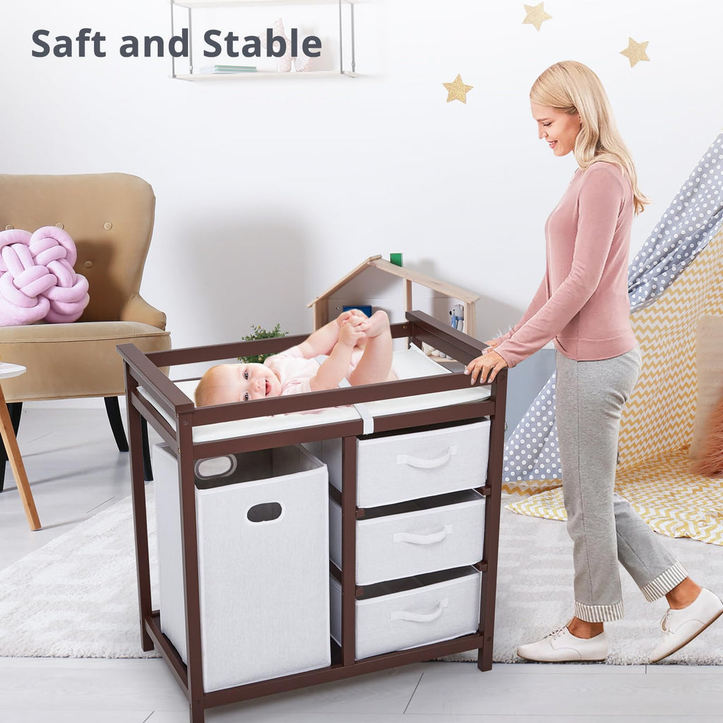Modern Baby Changing Table with Laundry Hamper & 3 Drawers M386551