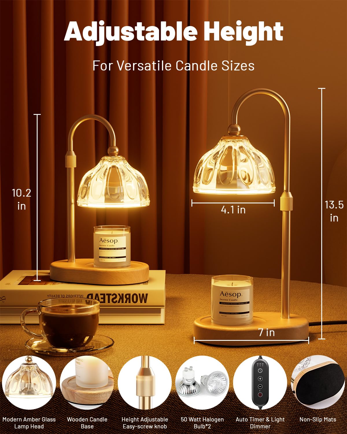 Candle Warmer Lamp with Timer Dimmer, Height Adjustable, Amber Lampshade, 2 Bulbs K6739