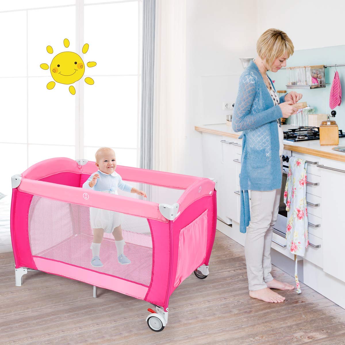 4 in 1 Pink Pack and Play with Bassinet Z509