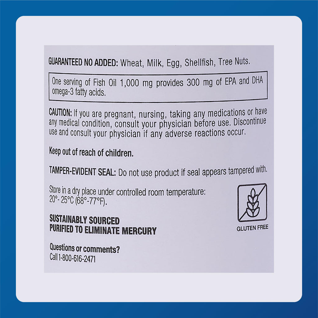 Omega-3 Fish Oil Supplement 1000mg 100 Softgels X6253