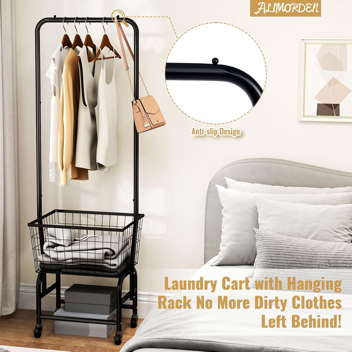 Black Rolling Laundry Cart with Hanging Rack K570642