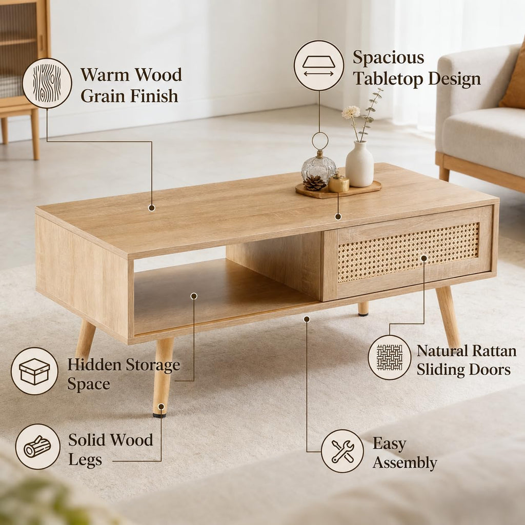 Rattan Coffee Table with Sliding Door Storage F82585