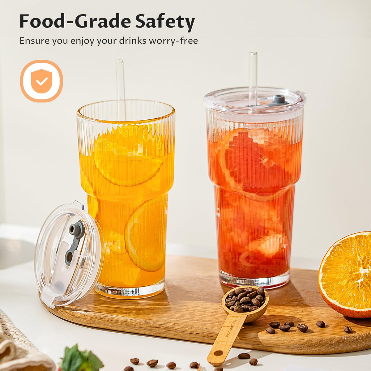 20oz Glass Iced Coffee Cups with Lids and Straws J599
