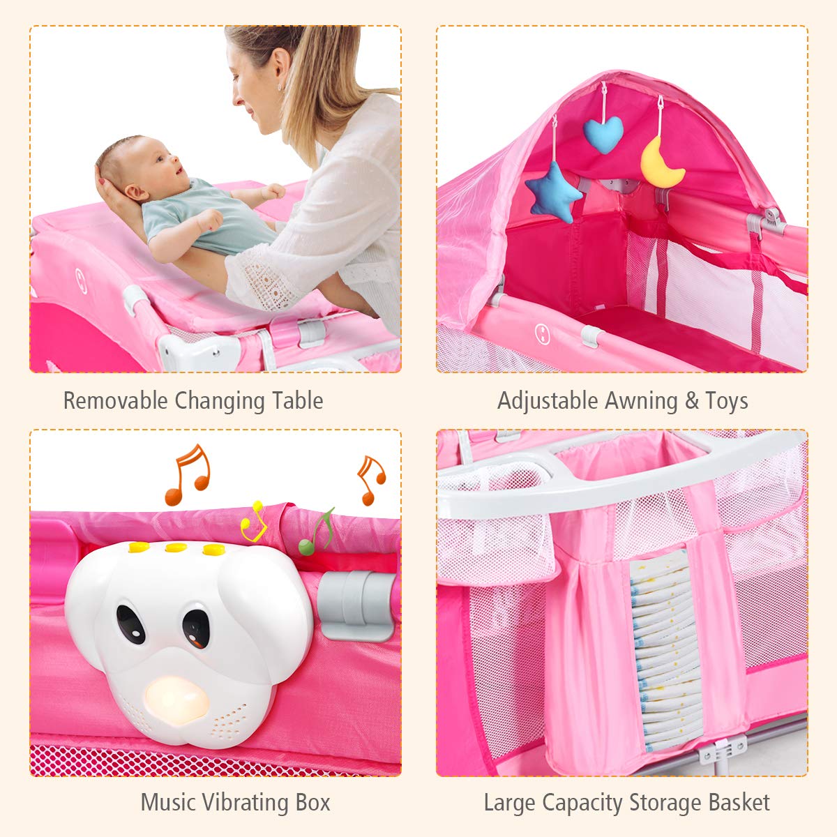 4 in 1 Pink Pack and Play with Bassinet Z509