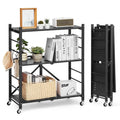 3-Tier Foldable Metal Storage Shelf with Wheels and Hooks, Black T6860